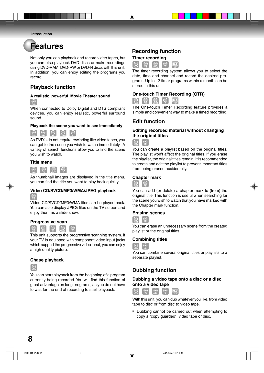 Toshiba D-VR4XSU owner manual Features, Playback function, Recording function, Edit function, Dubbing function 