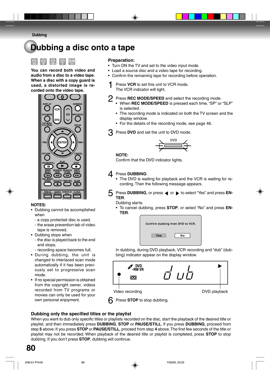 Toshiba D-VR4XSU owner manual Dubbing a disc onto a tape, Dubbing only the specified titles or the playlist, Ter 