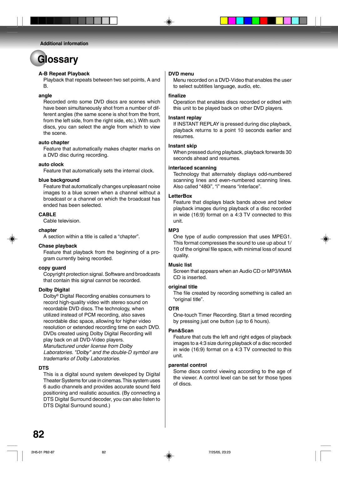 Toshiba D-VR4XSU owner manual Glossary, Cable, Dts, MP3, Otr 