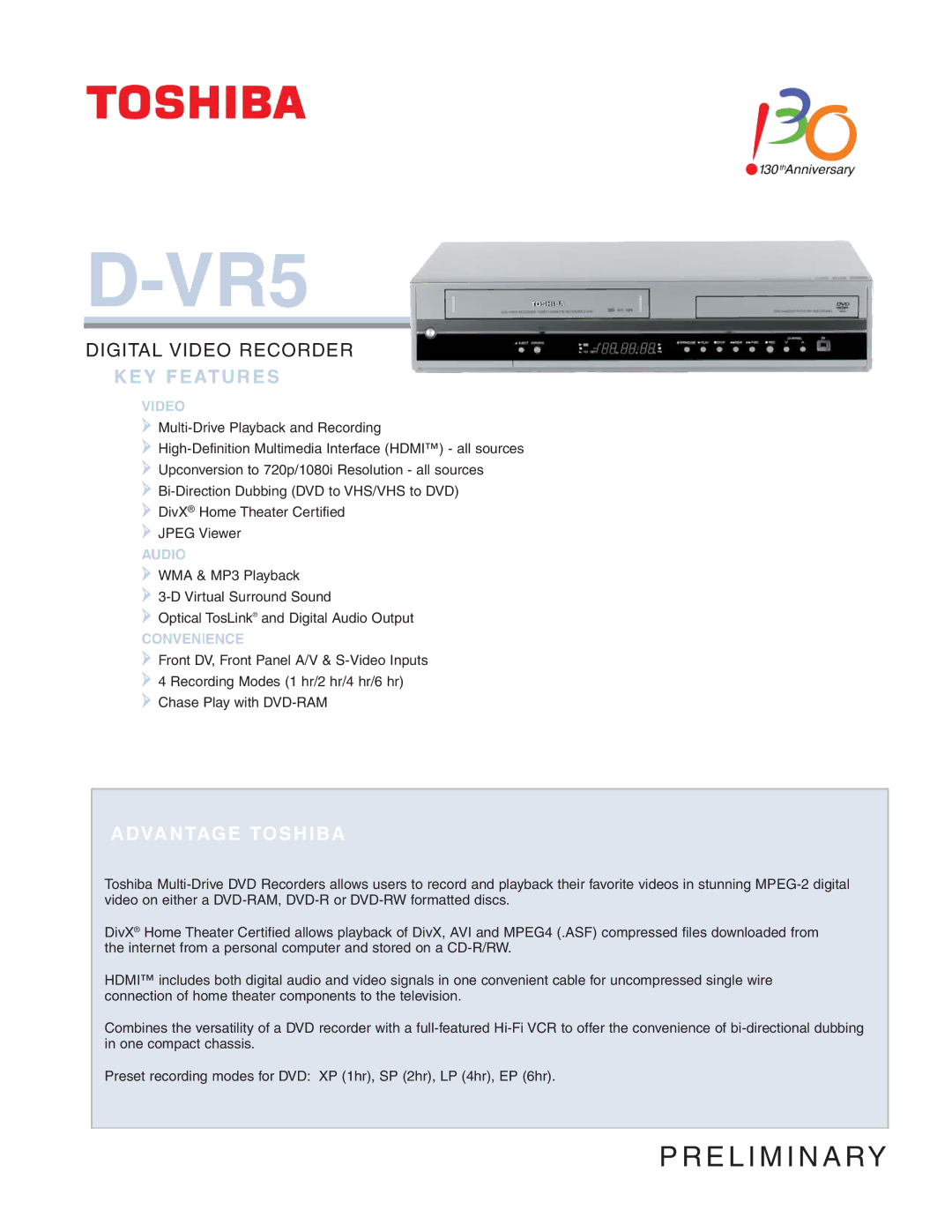 Toshiba D-VR5 manual KEY Features, Video, Audio, Convenience 