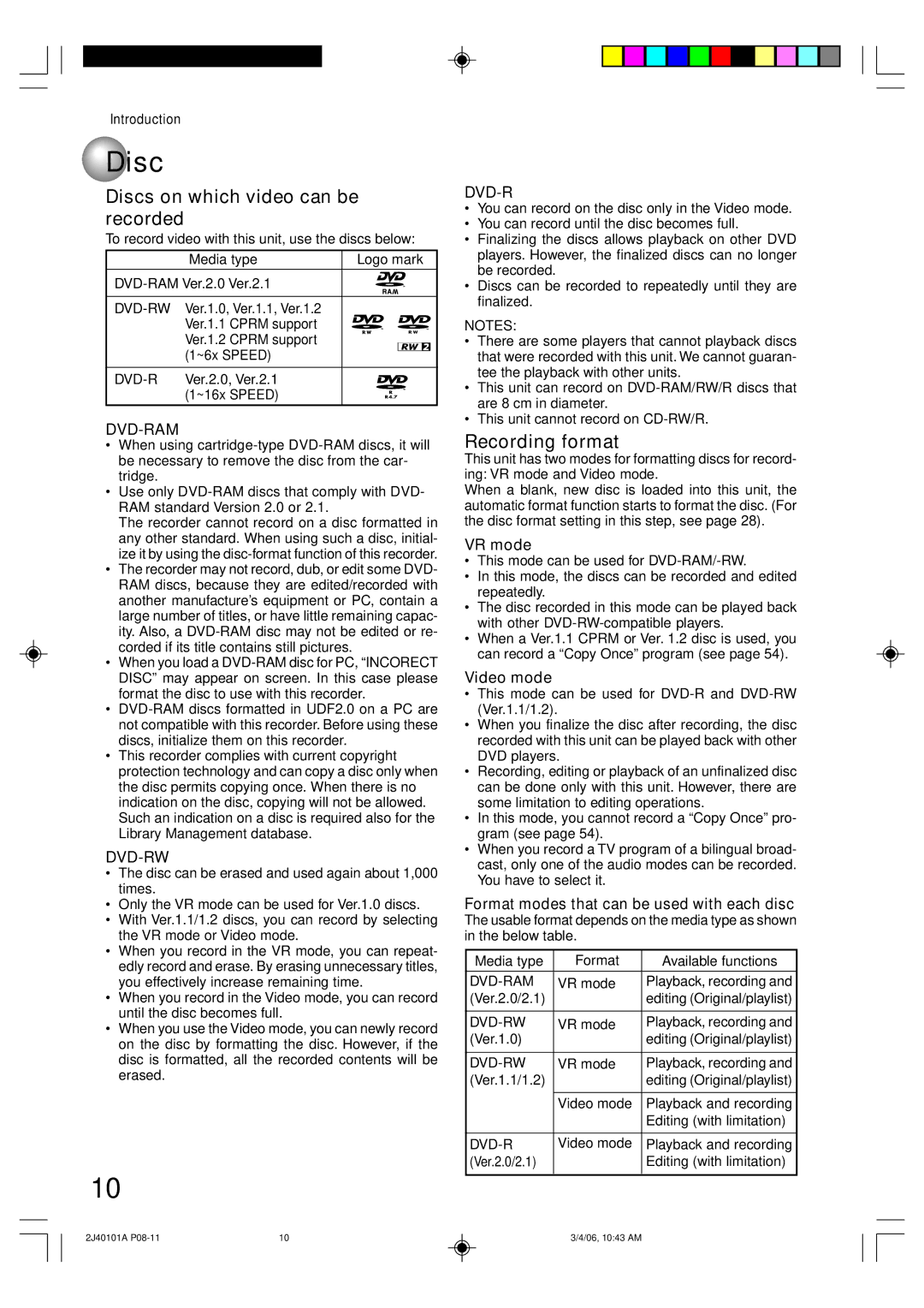 Toshiba D-VR5SU owner manual Discs on which video can be recorded, Recording format, VR mode, Video mode 