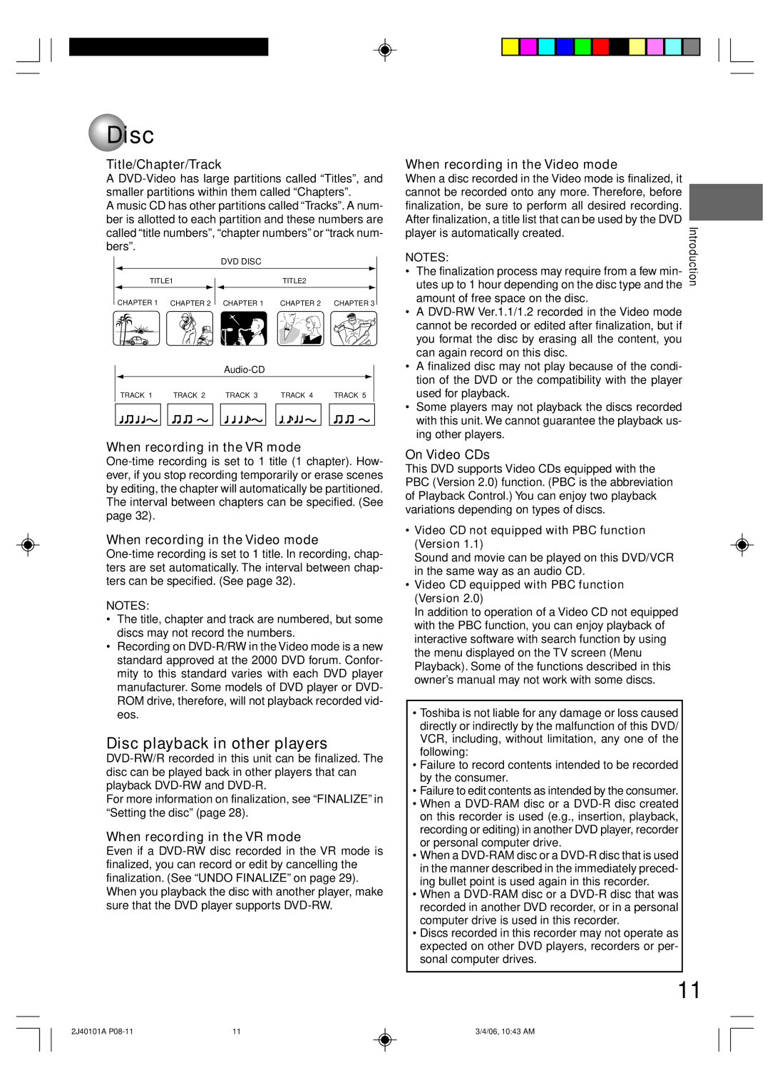 Toshiba D-VR5SU Disc playback in other players, Title/Chapter/Track, When recording in the VR mode, On Video CDs 