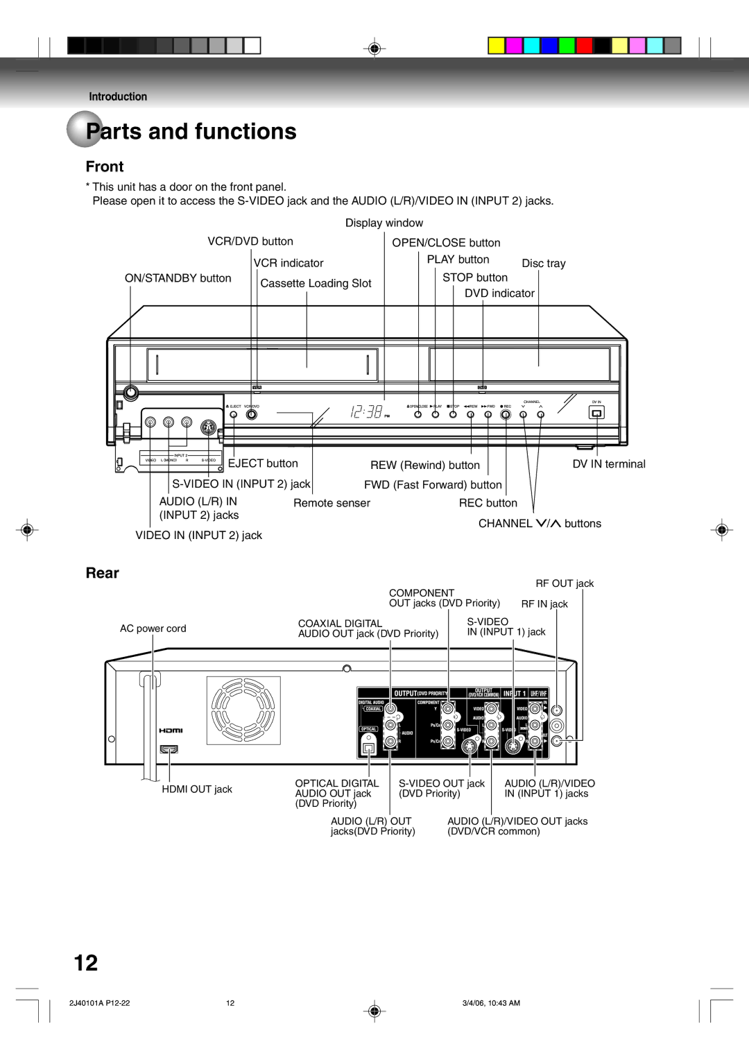 Toshiba D-VR5SU owner manual Parts and functions, Front, Rear 