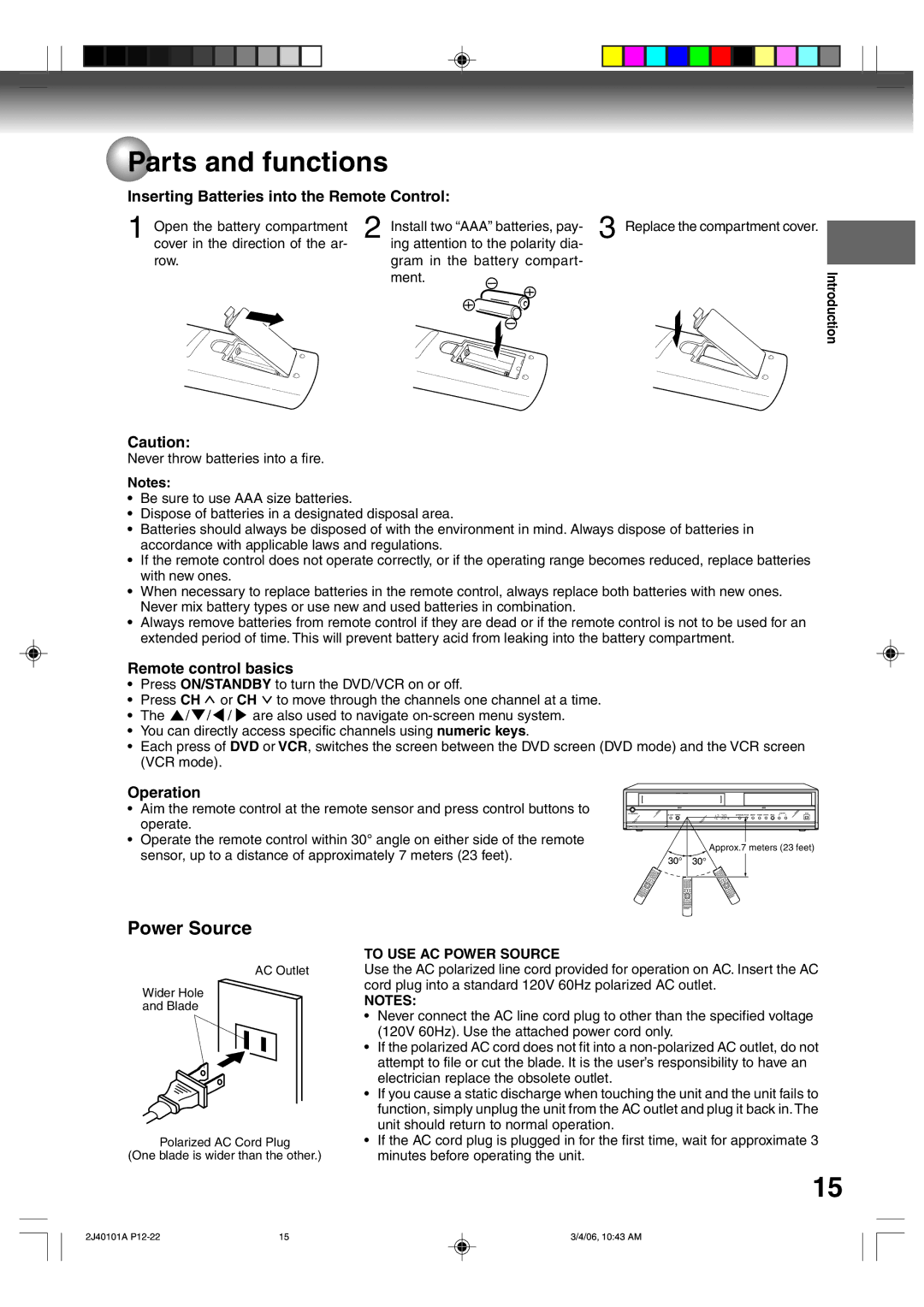 Toshiba D-VR5SU owner manual Power Source, Inserting Batteries into the Remote Control, Remote control basics, Operation 