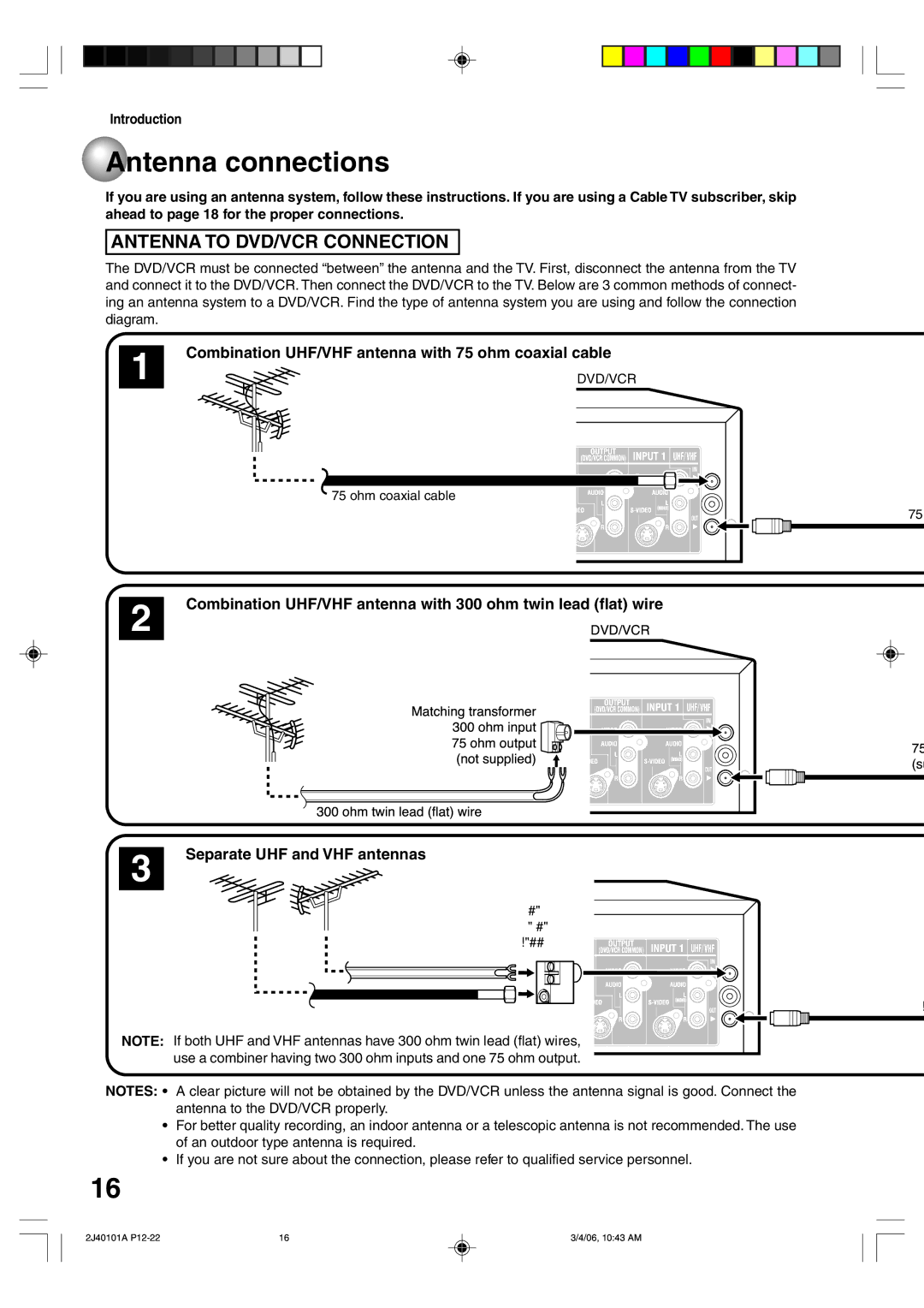 Toshiba D-VR5SU owner manual Combination UHF/VHF antenna with 75 ohm coaxial cable, Separate UHF and VHF antennas 