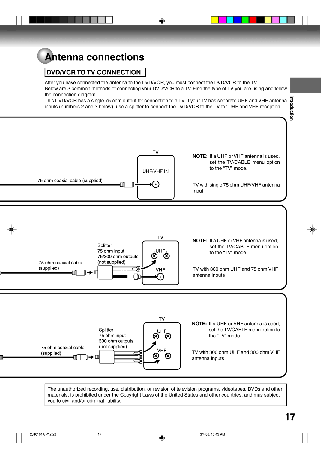 Toshiba D-VR5SU owner manual Antenna connections, DVD/VCR to TV Connection 