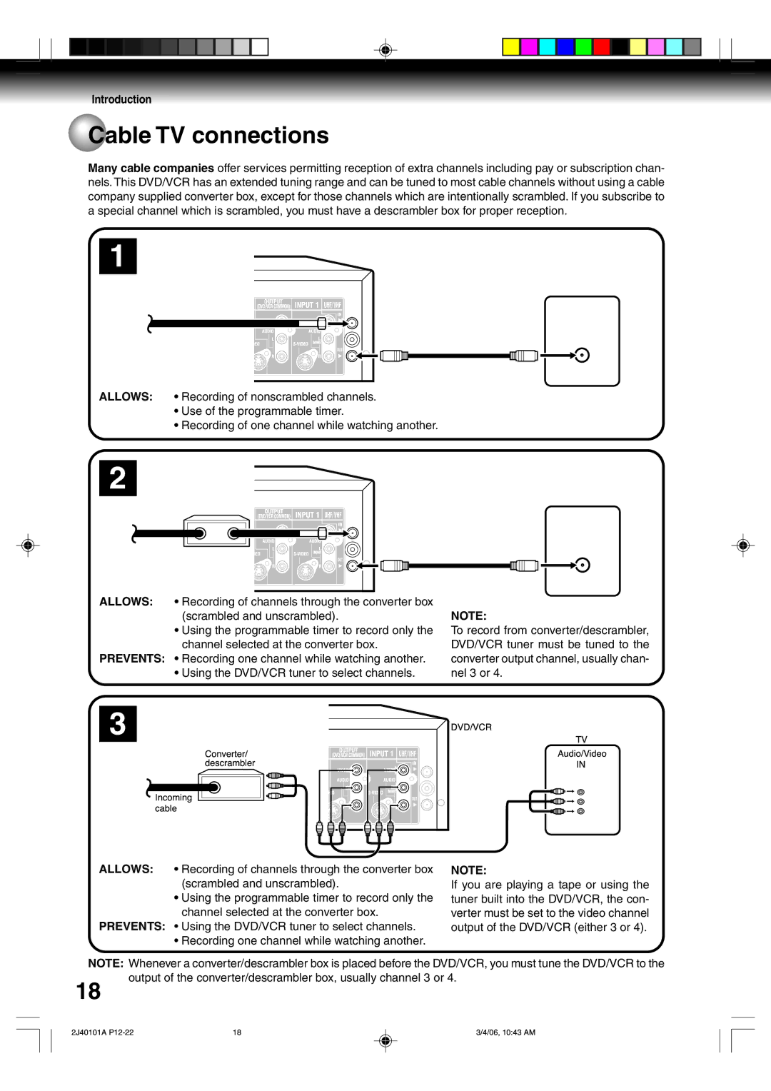 Toshiba D-VR5SU owner manual Cable TV connections, Allows Recording of nonscrambled channels 