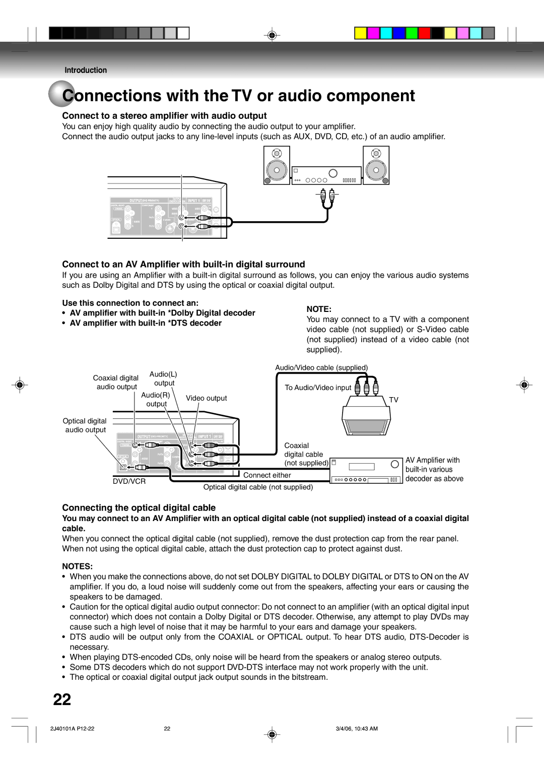 Toshiba D-VR5SU Connect to a stereo amplifier with audio output, Connect to an AV Amplifier with built-in digital surround 