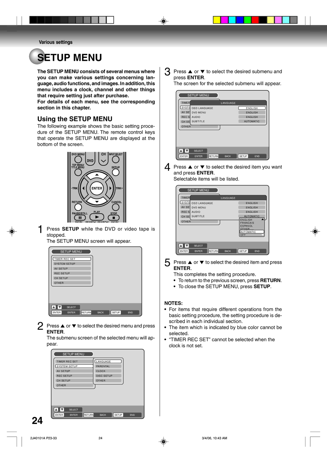 Toshiba D-VR5SU owner manual Using the Setup Menu, Various settings, Enter 