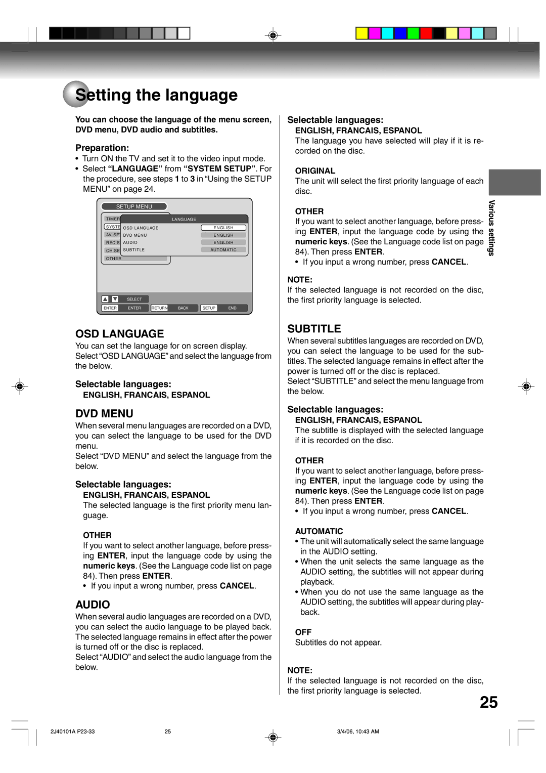 Toshiba D-VR5SU owner manual Setting the language, OSD Language, DVD Menu, Audio, Subtitle 