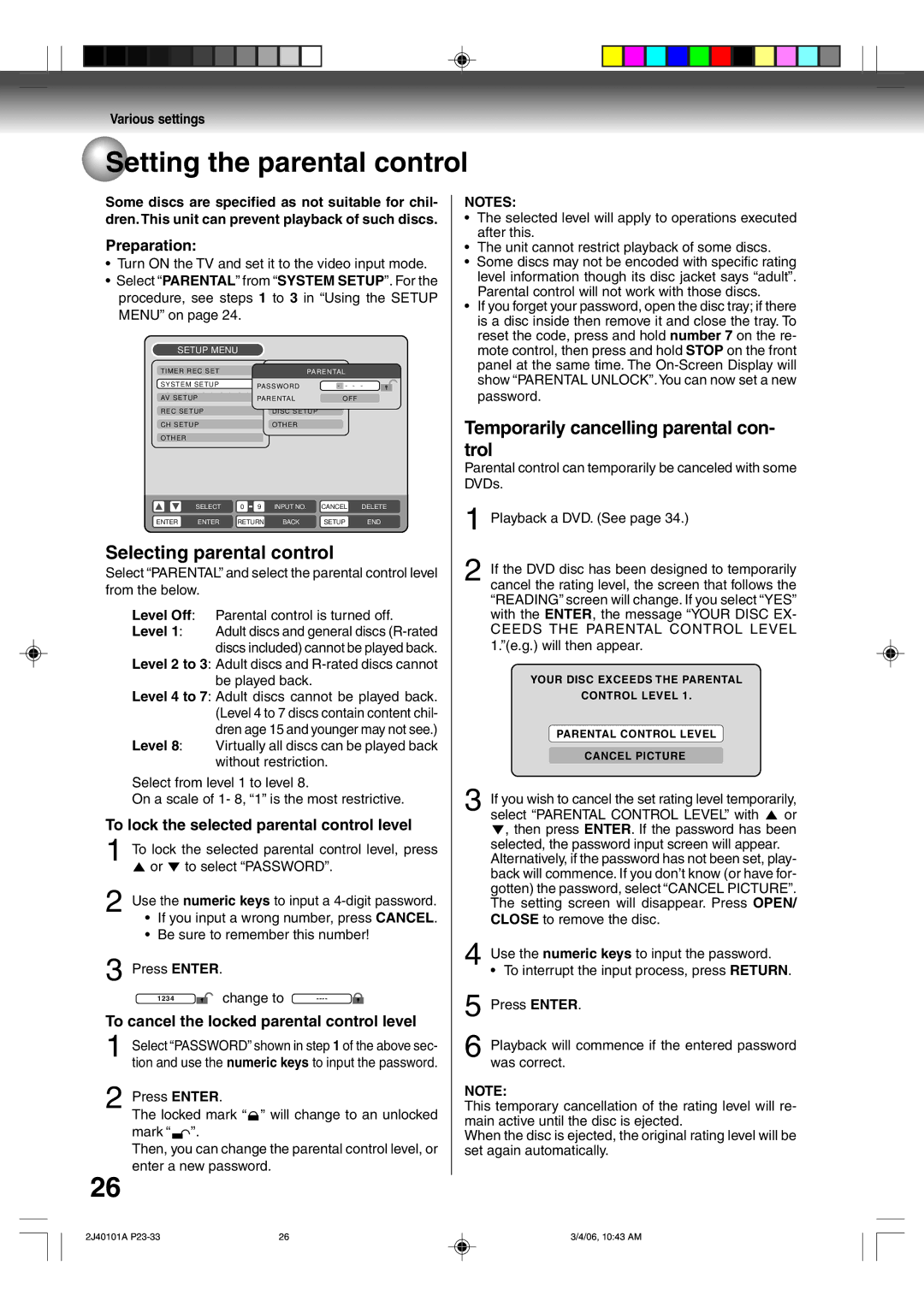 Toshiba D-VR5SU Setting the parental control, Selecting parental control, Temporarily cancelling parental con- trol 