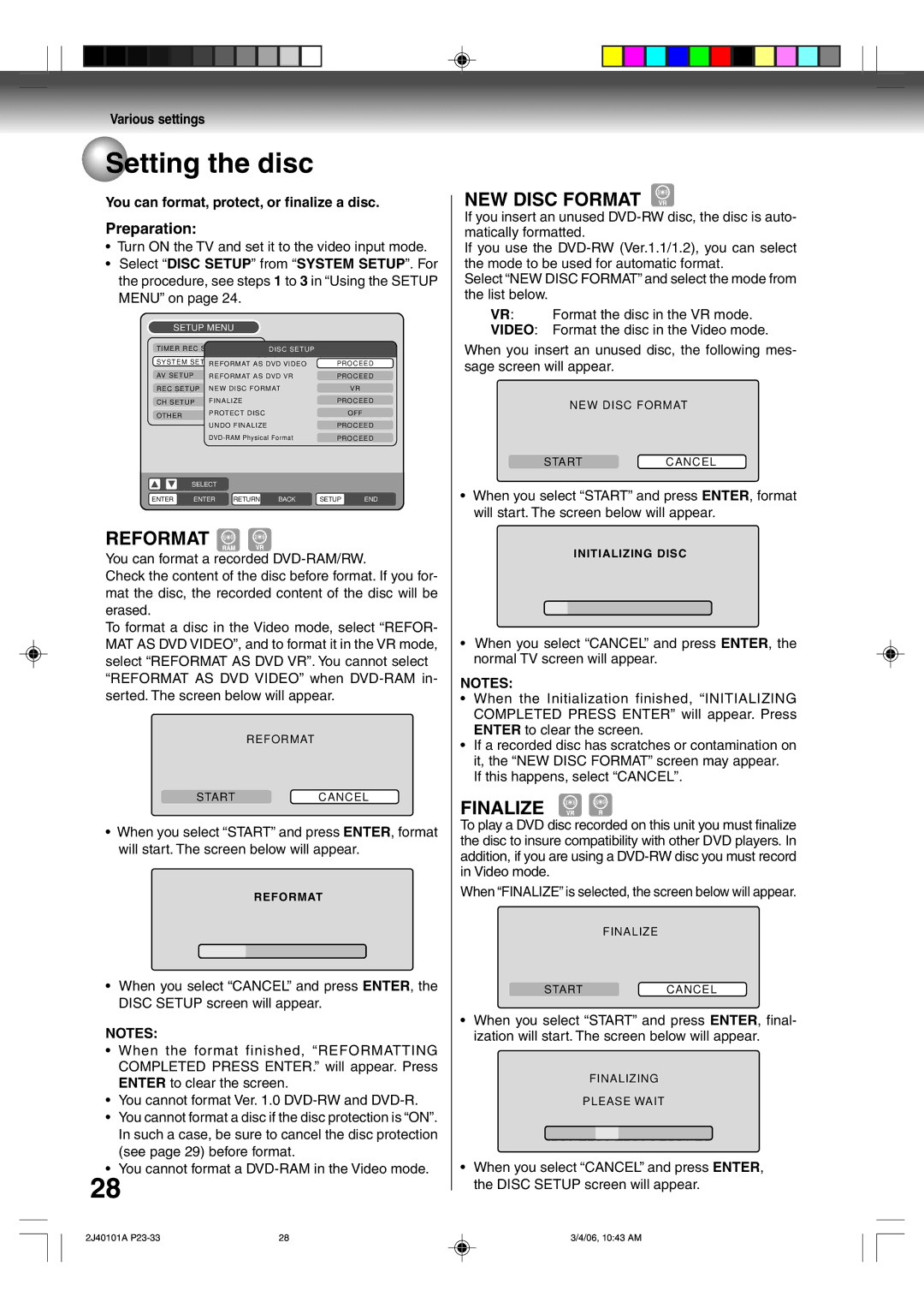 Toshiba D-VR5SU Setting the disc, NEW Disc Format, Reformat, Finalize, You can format, protect, or finalize a disc 