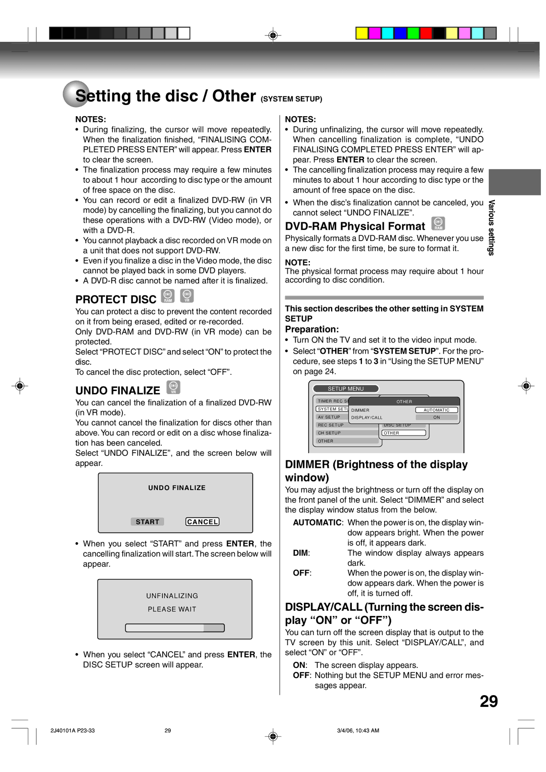 Toshiba D-VR5SU owner manual Setting the disc / Other System Setup, Protect Disc, Undo Finalize 