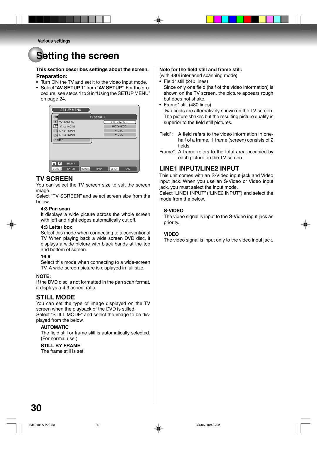 Toshiba D-VR5SU owner manual Setting the screen, TV Screen, Still Mode, LINE1 INPUT/LINE2 Input 