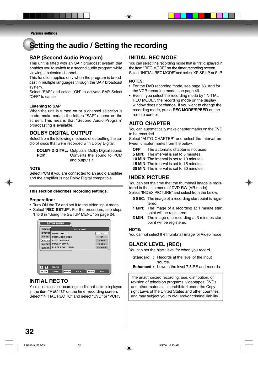 Toshiba D-VR5SU owner manual Setting the audio / Setting the recording 