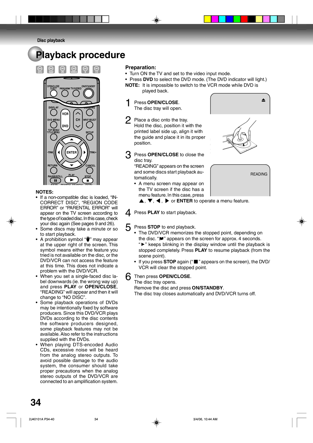 Toshiba D-VR5SU owner manual Playback procedure, Disc playback, Press OPEN/CLOSE 