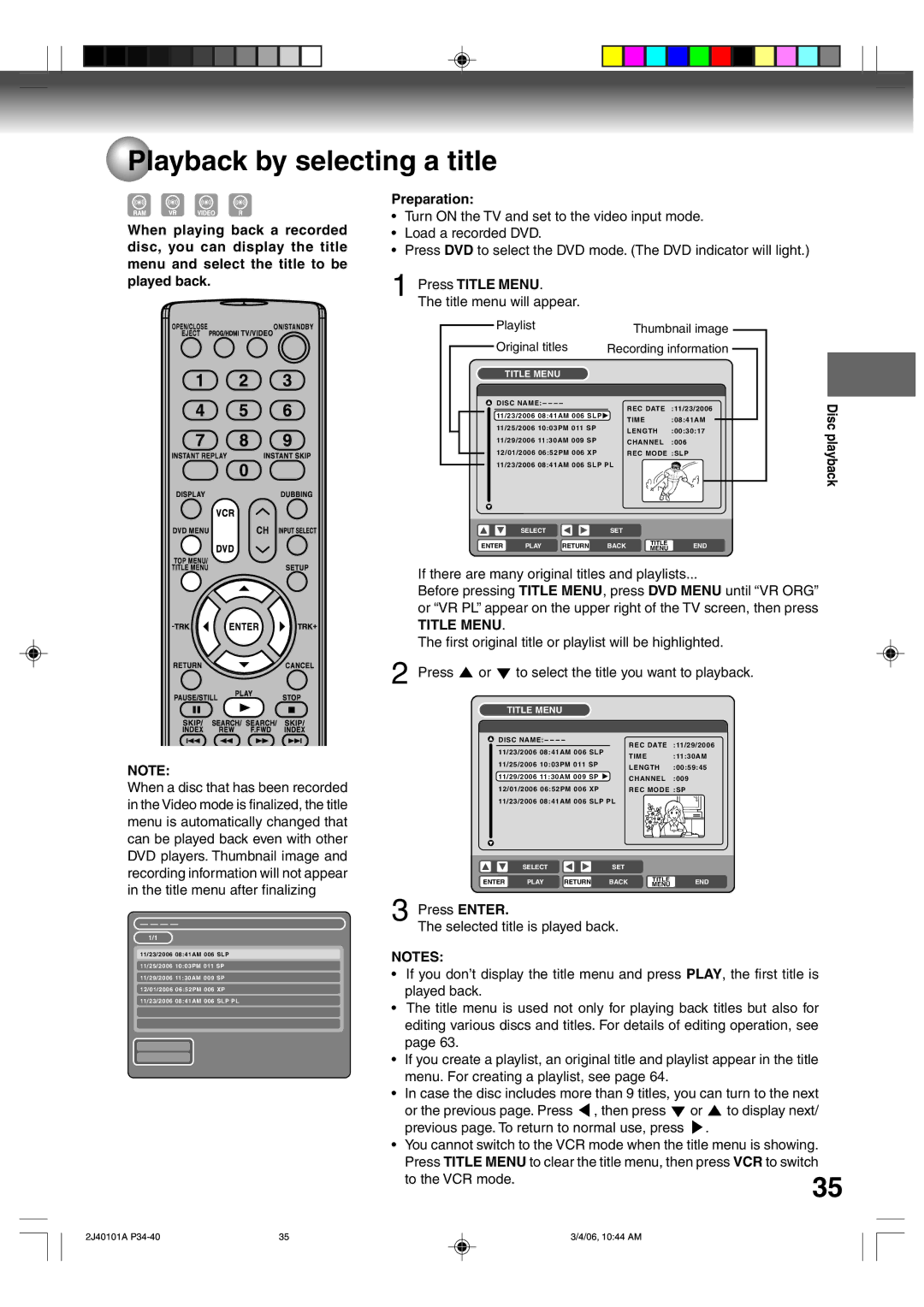 Toshiba D-VR5SU owner manual Playback by selecting a title, Preparation, Press Title Menu 