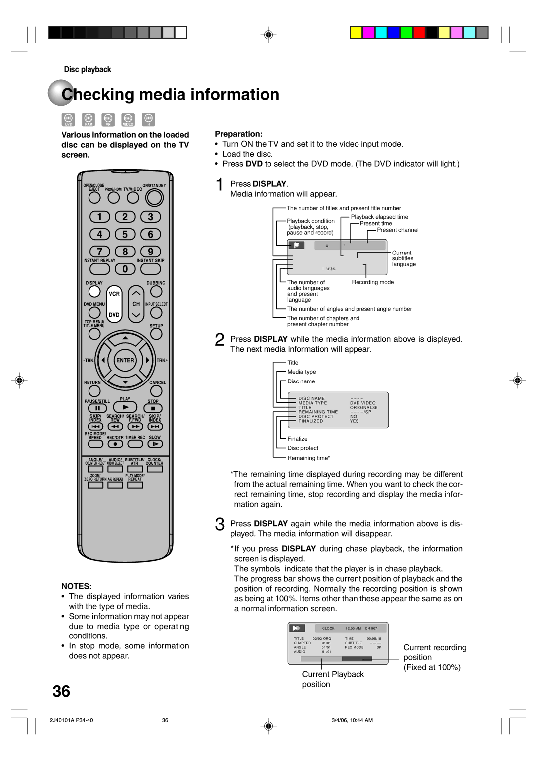 Toshiba D-VR5SU Checking media information, Symbols indicate that the player is in chase playback, Current recording 