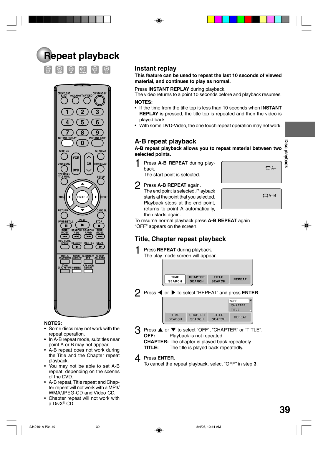 Toshiba D-VR5SU owner manual Repeat playback, Instant replay, Title, Chapter repeat playback 