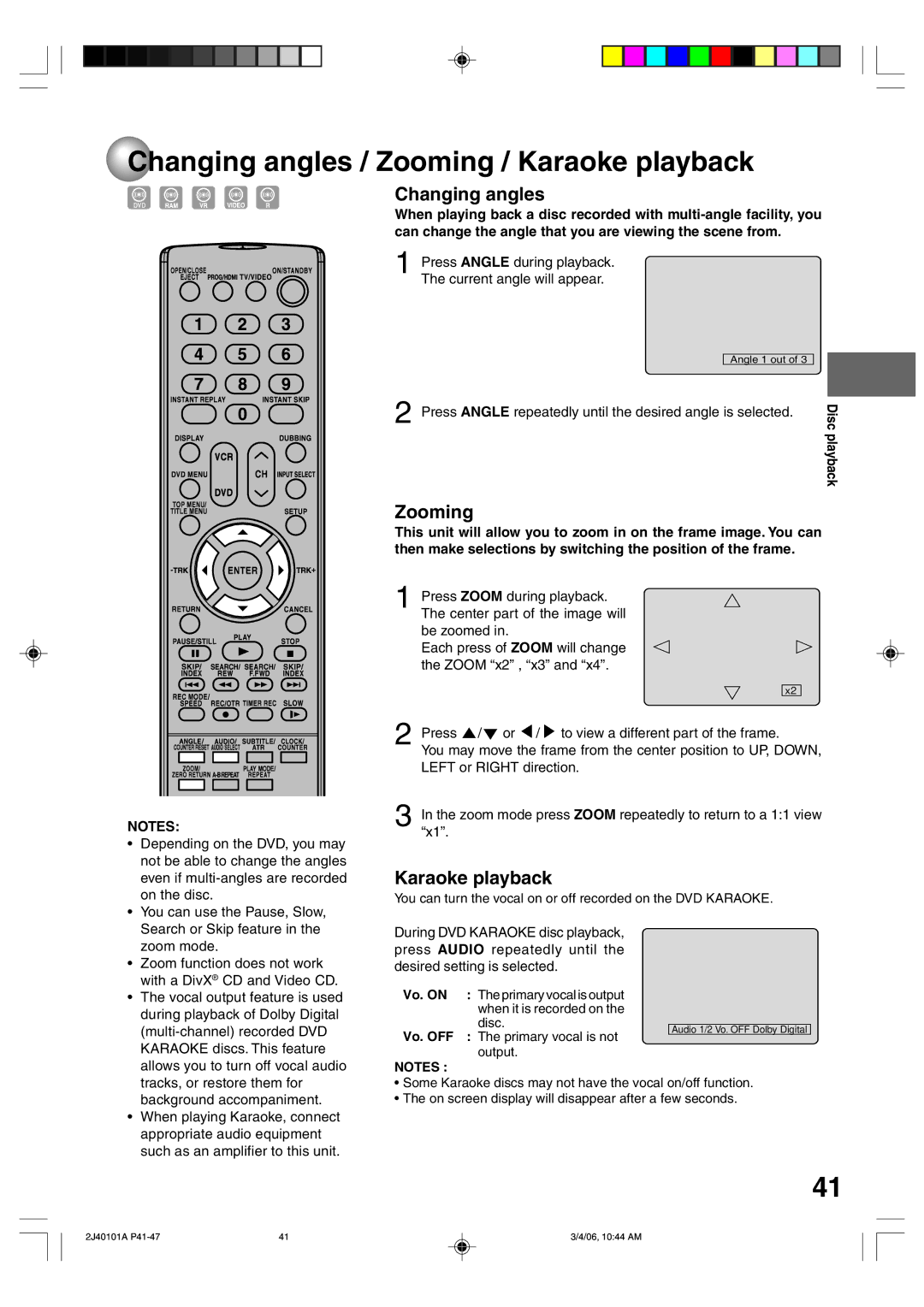 Toshiba D-VR5SU Changing angles / Zooming / Karaoke playback, Press Angle repeatedly until the desired angle is selected 