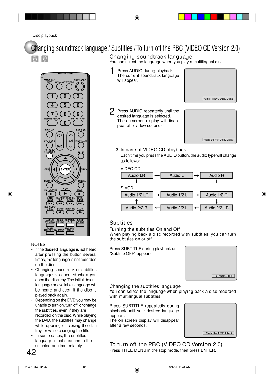 Toshiba D-VR5SU owner manual Changing soundtrack language, Subtitles, To turn off the PBC Video CD Version 