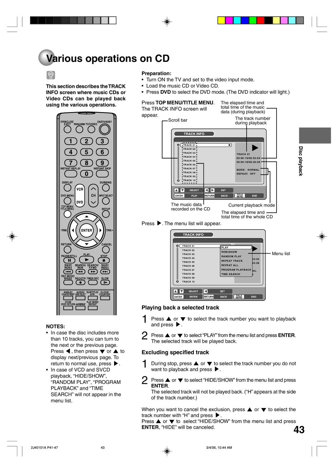 Toshiba D-VR5SU owner manual Various operations on CD, Playing back a selected track, Excluding specified track 