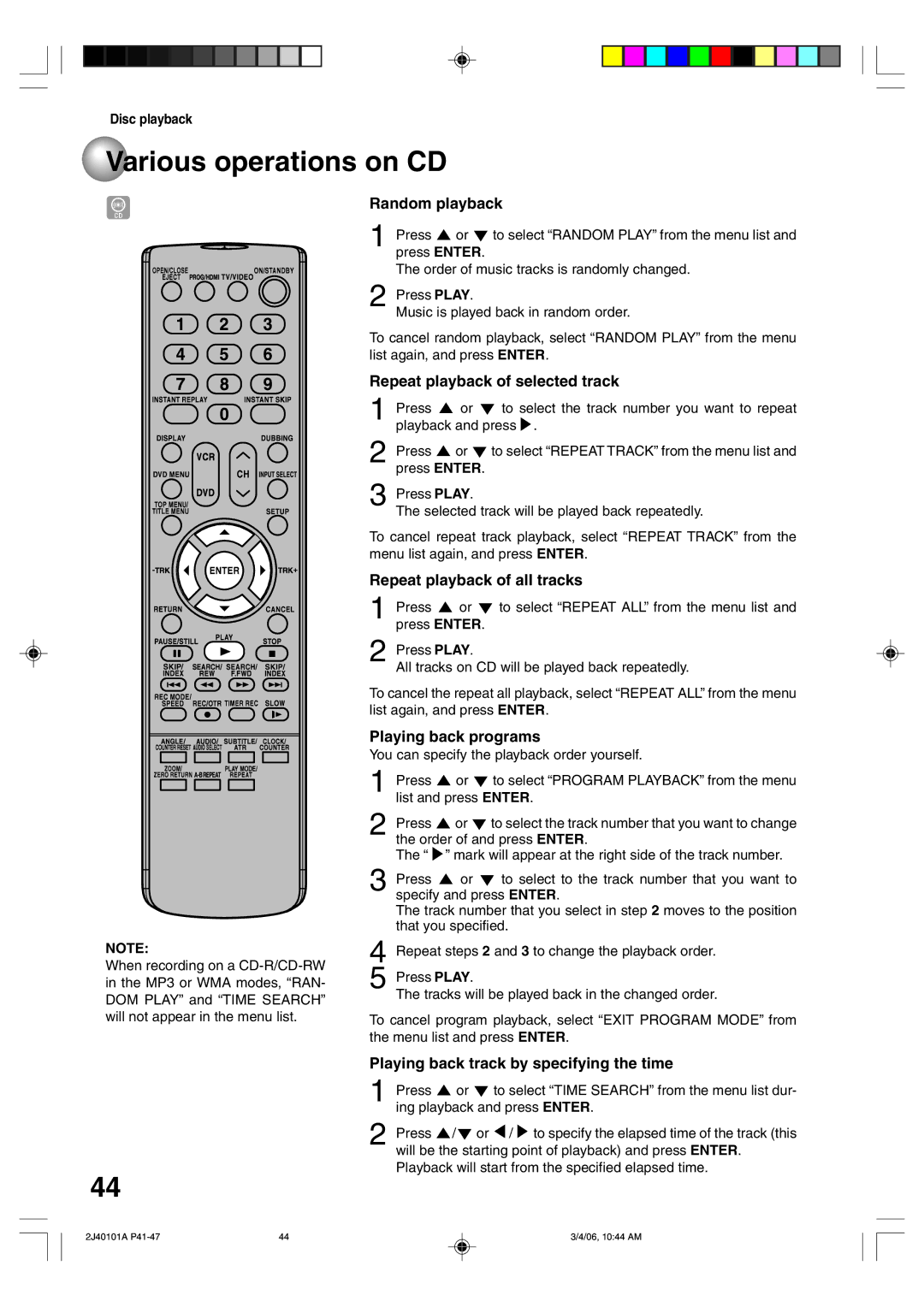 Toshiba D-VR5SU Random playback, Repeat playback of selected track, Repeat playback of all tracks, Playing back programs 