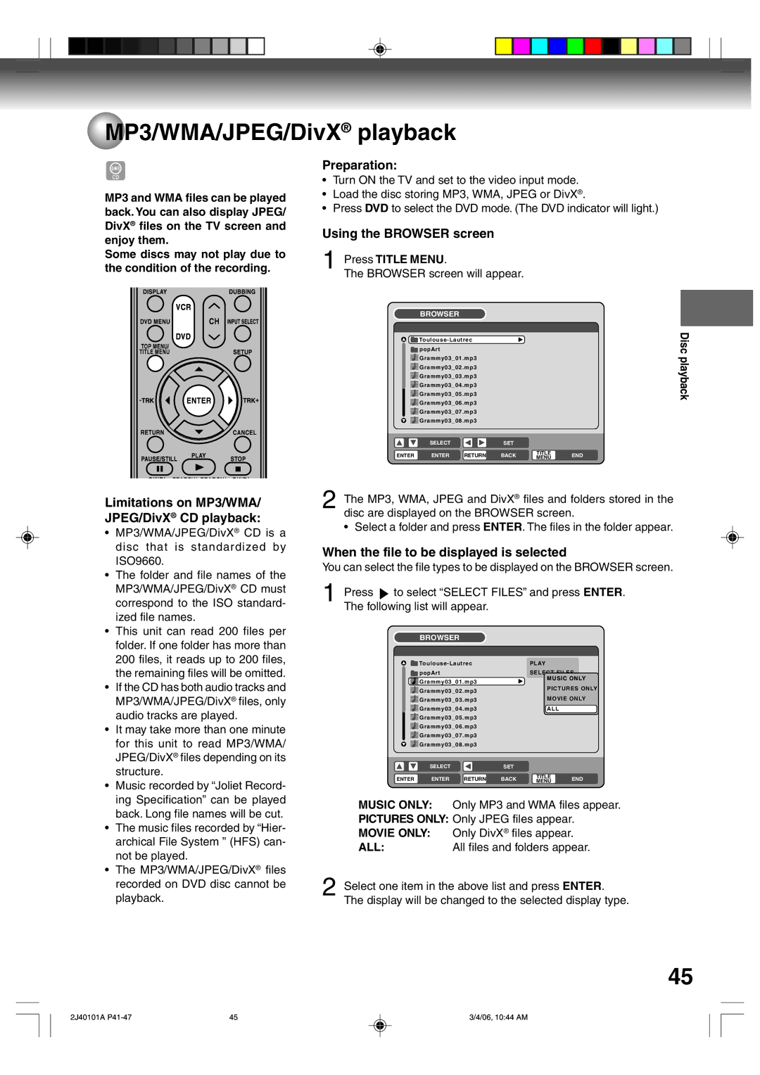 Toshiba D-VR5SU MP3/WMA/JPEG/DivX playback, Using the Browser screen, Limitations on MP3/WMA/ JPEG/DivX CD playback 