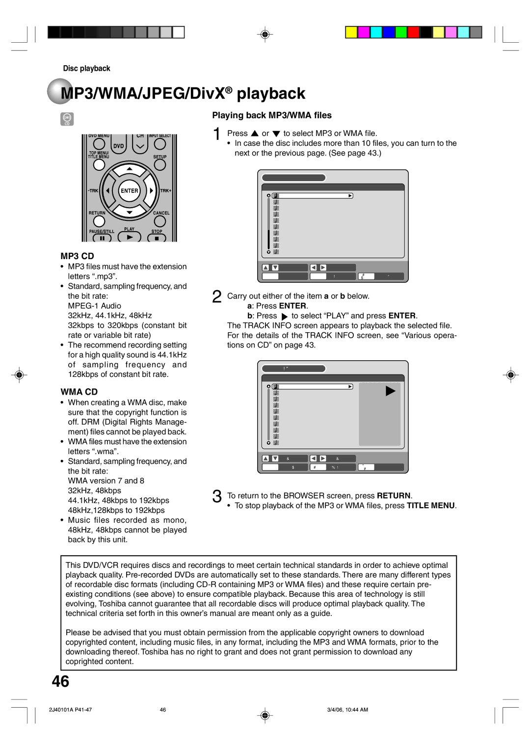 Toshiba D-VR5SU owner manual MP3 CD, Playing back MP3/WMA files 