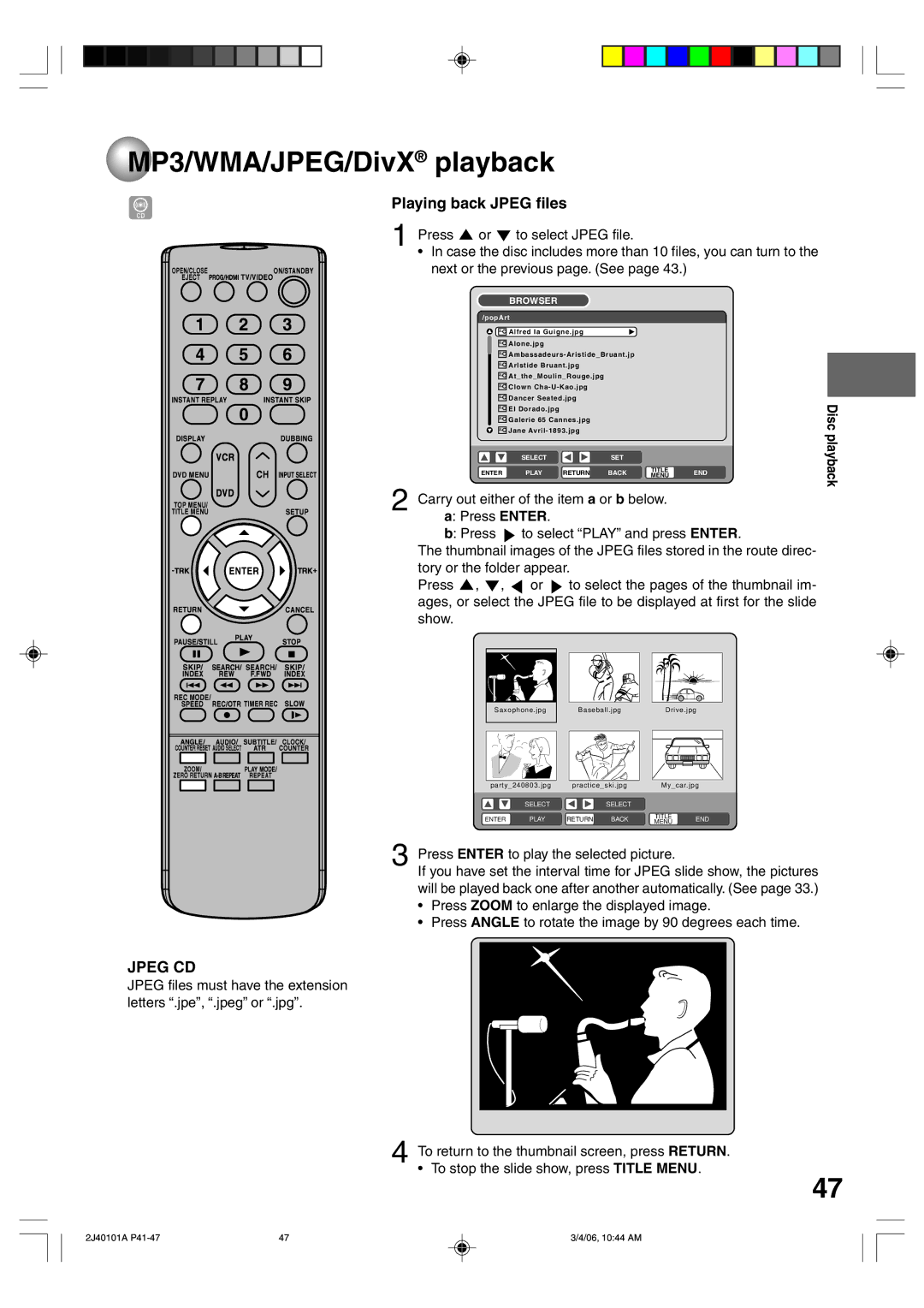 Toshiba D-VR5SU owner manual Playing back Jpeg files, Press Enter to play the selected picture 