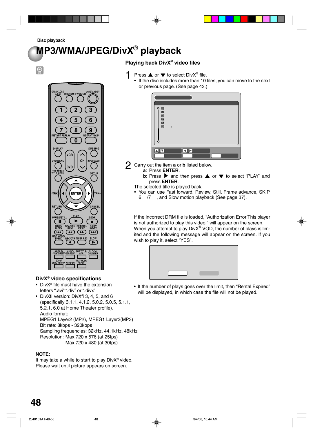 Toshiba D-VR5SU owner manual MP3/WMA/JPEG/DivX¨ playback, Playing back DivX video files, DivX¨ video specifications 