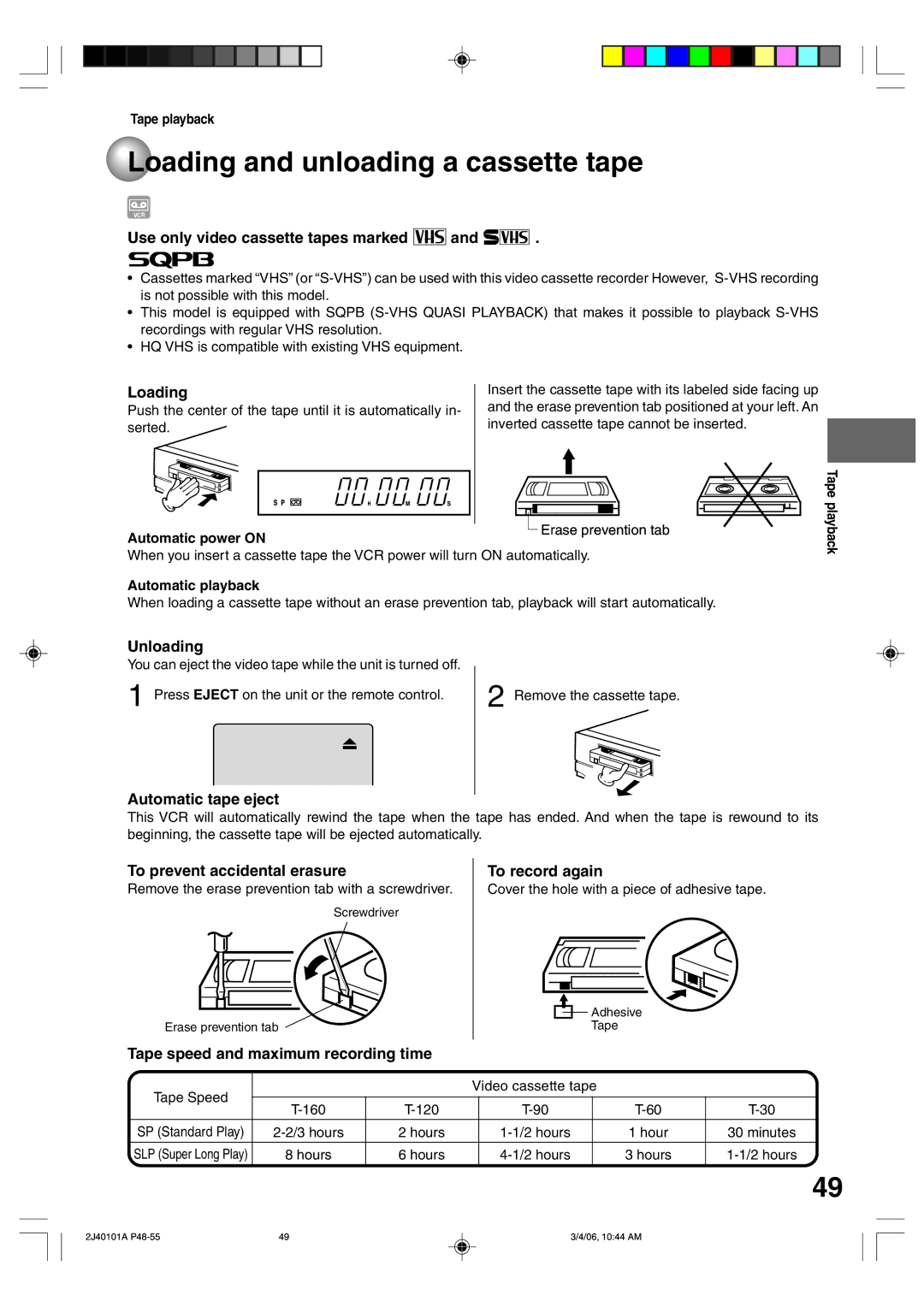 Toshiba D-VR5SU owner manual Loading and unloading a cassette tape 