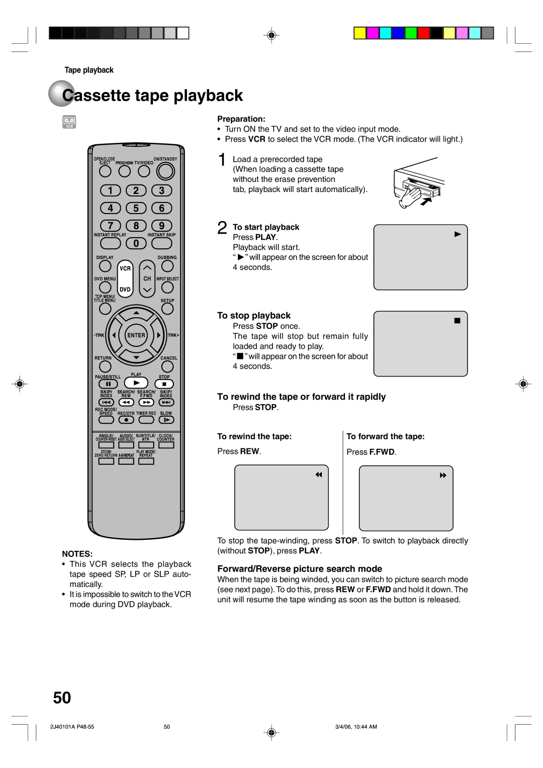 Toshiba D-VR5SU Cassette tape playback, To stop playback, To rewind the tape or forward it rapidly, To start playback 