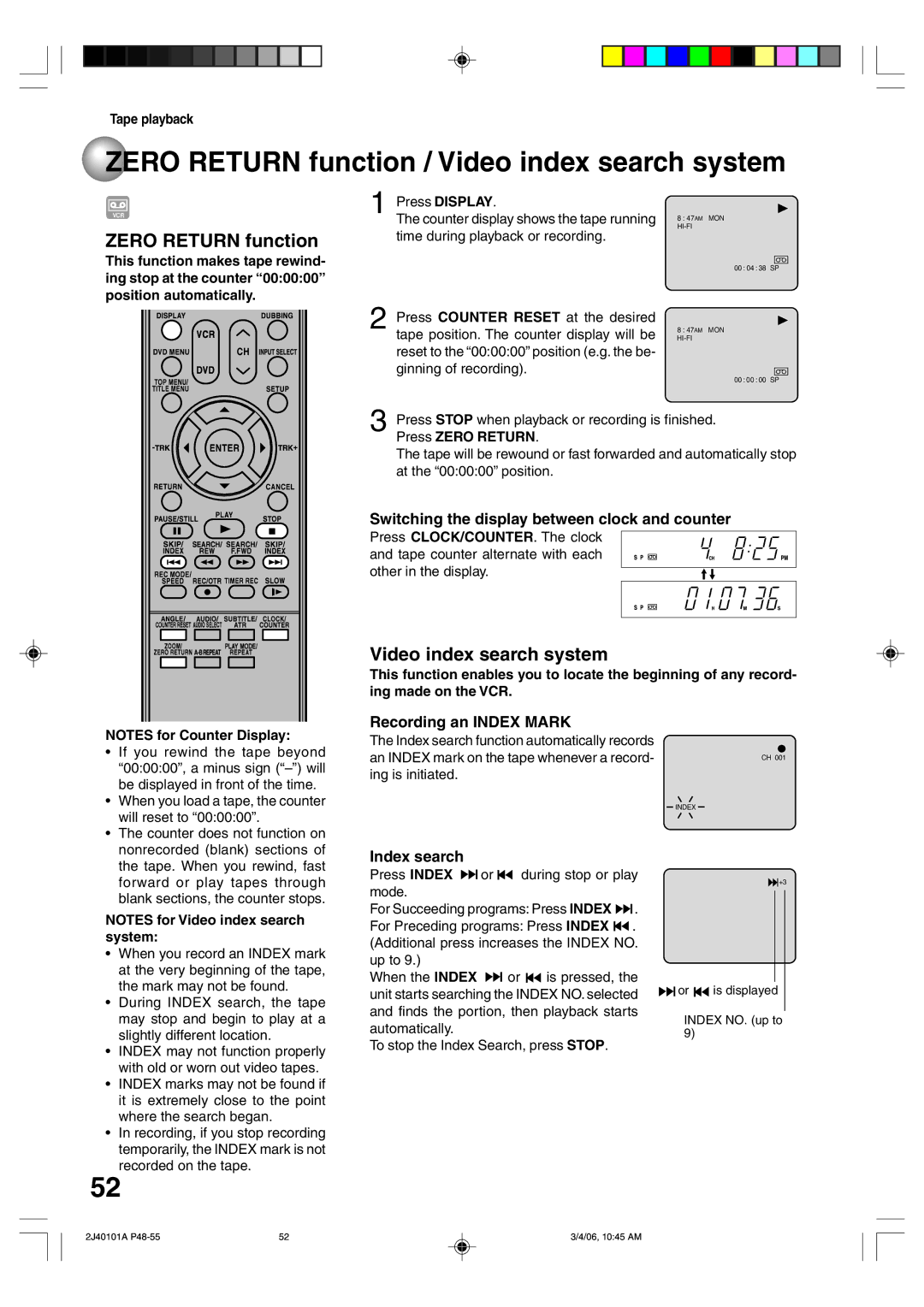 Toshiba D-VR5SU owner manual Zero Return function / Video index search system 