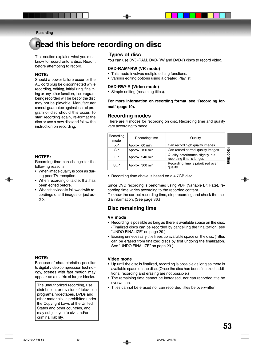 Toshiba D-VR5SU owner manual Read this before recording on disc, Types of disc, Recording modes, Disc remaining time 