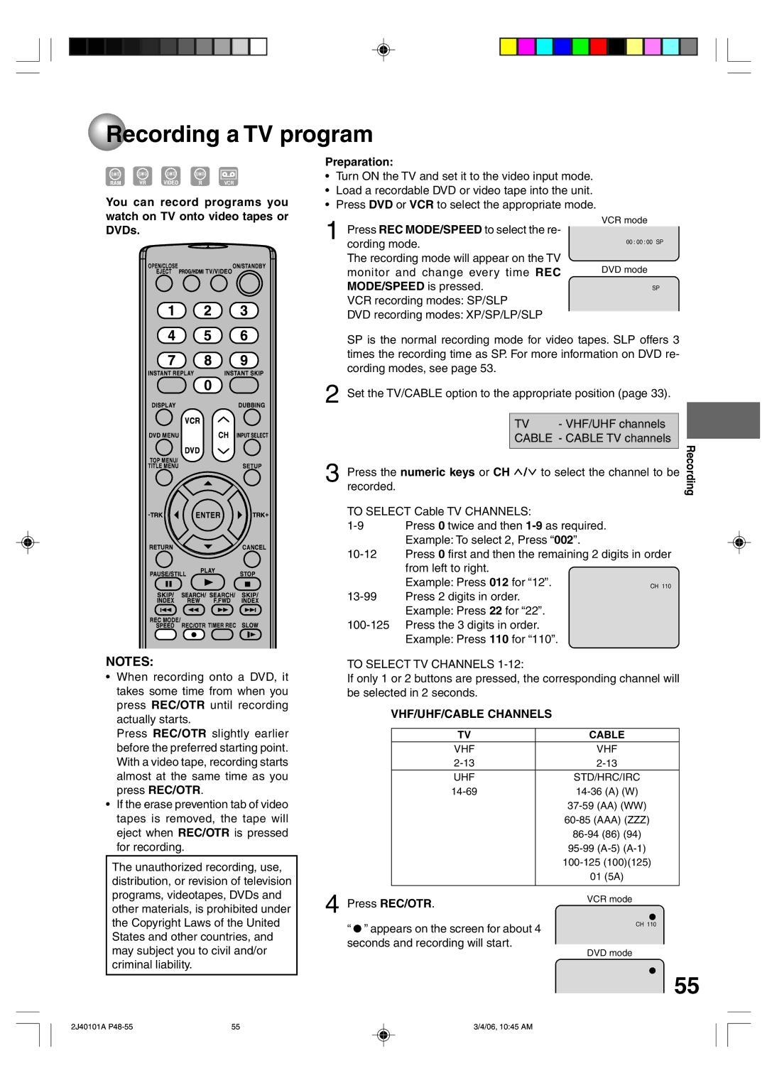 Toshiba D-VR5SU Recording a TV program, Press the numeric keys or CH / to select the channel to be, VHF/UHF/CABLE Channels 