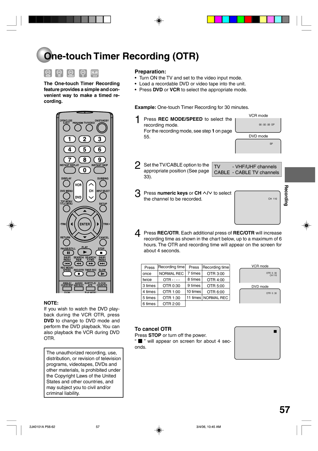 Toshiba D-VR5SU owner manual One-touch Timer Recording OTR, To cancel OTR, Recording mode For the recording mode, see on 