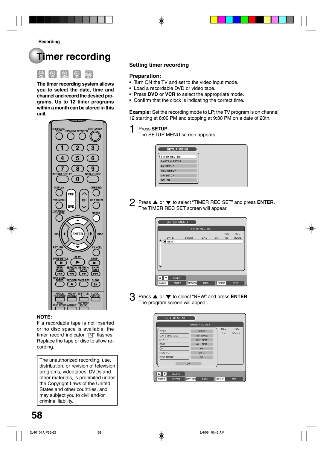 Toshiba D-VR5SU owner manual Timer recording, Setting timer recording Preparation, Press Setup Setup Menu screen appears 