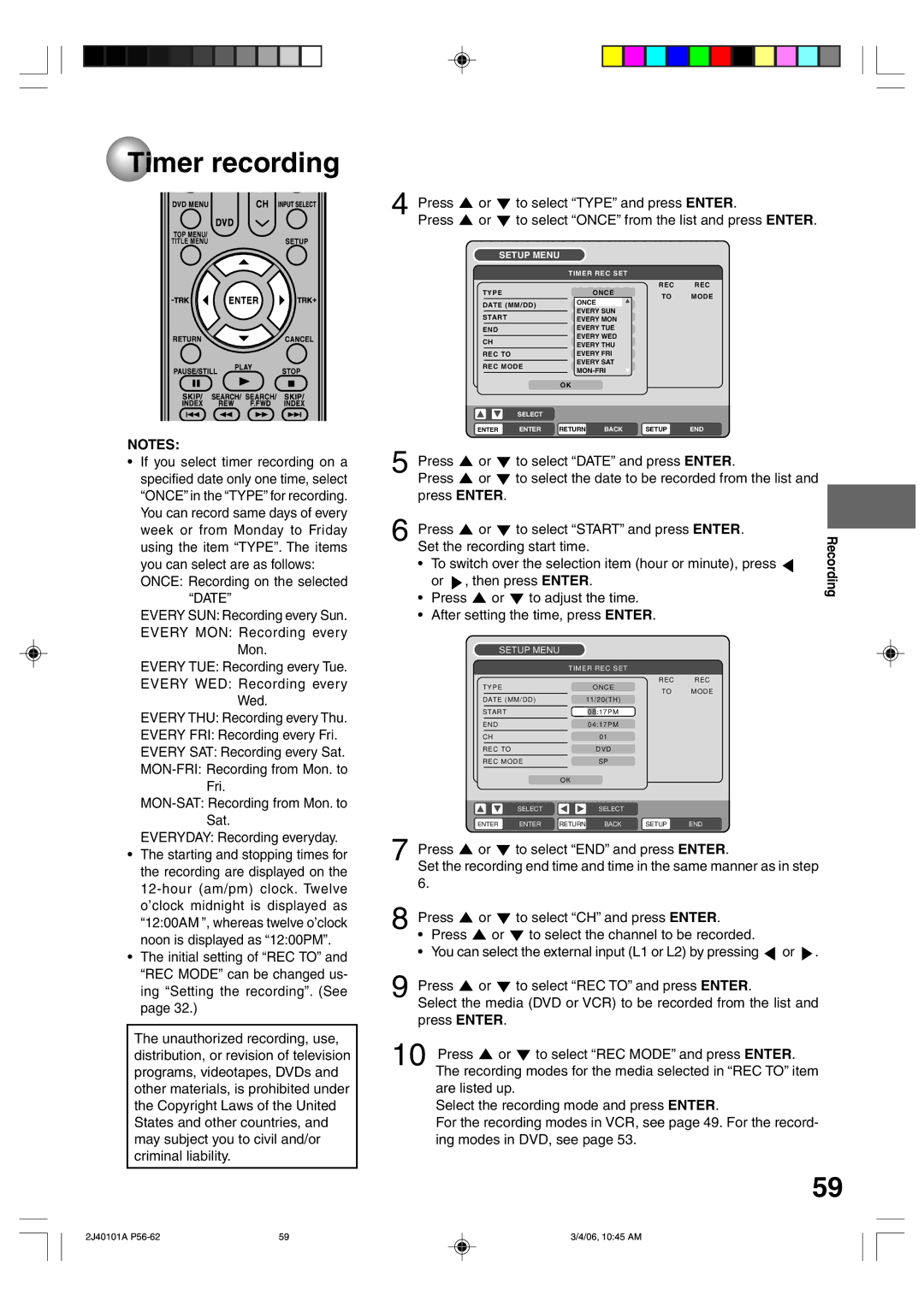 Toshiba D-VR5SU owner manual Once Recording on the selected, Press To select Òendó and press Enter 