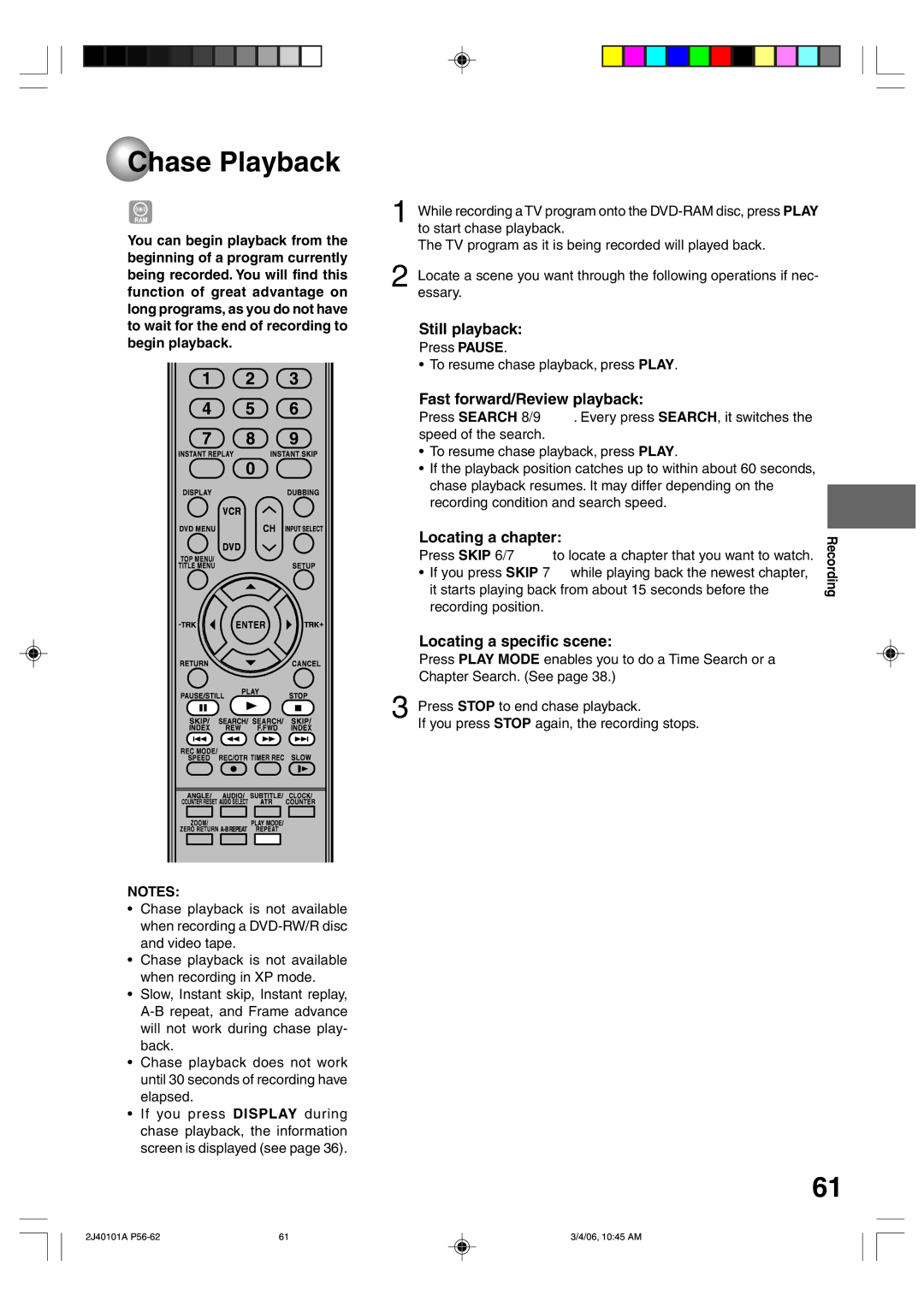 Toshiba D-VR5SU owner manual Chase Playback, Still playback, Fast forward/Review playback, Locating a chapter 