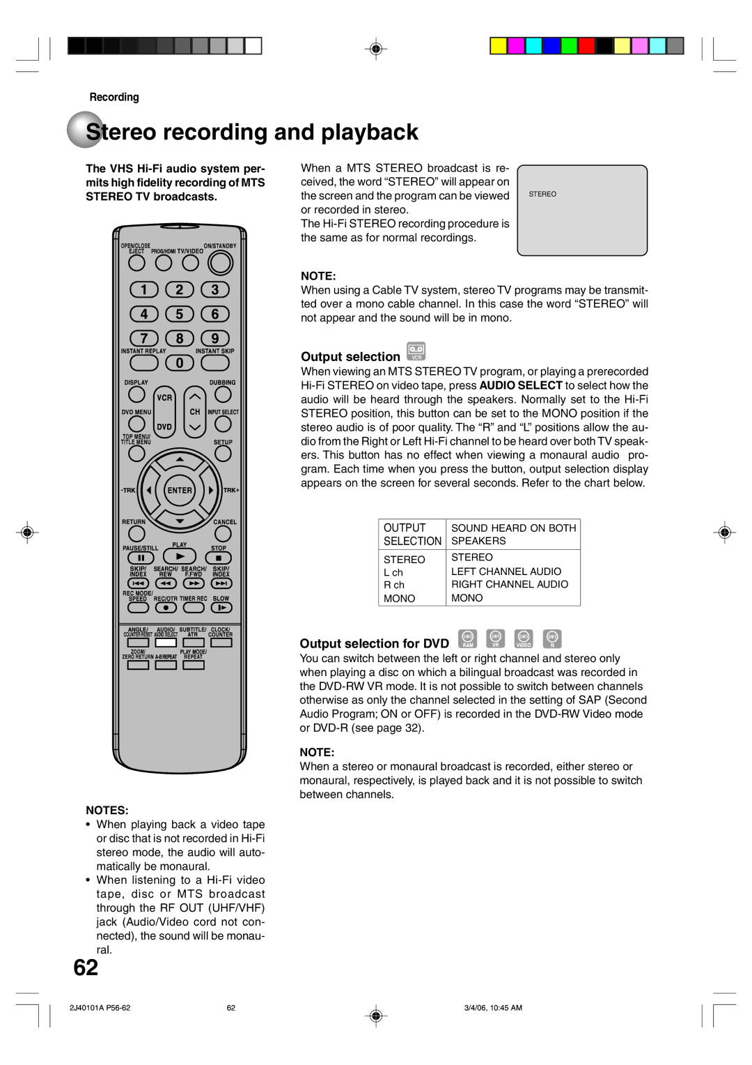 Toshiba D-VR5SU owner manual Stereo recording and playback, Output selection for DVD 