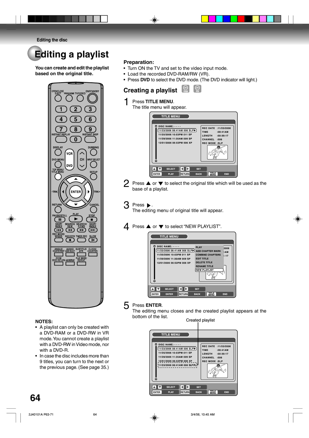 Toshiba D-VR5SU owner manual Editing a playlist, Creating a playlist, Press Editing menu of original title will appear 