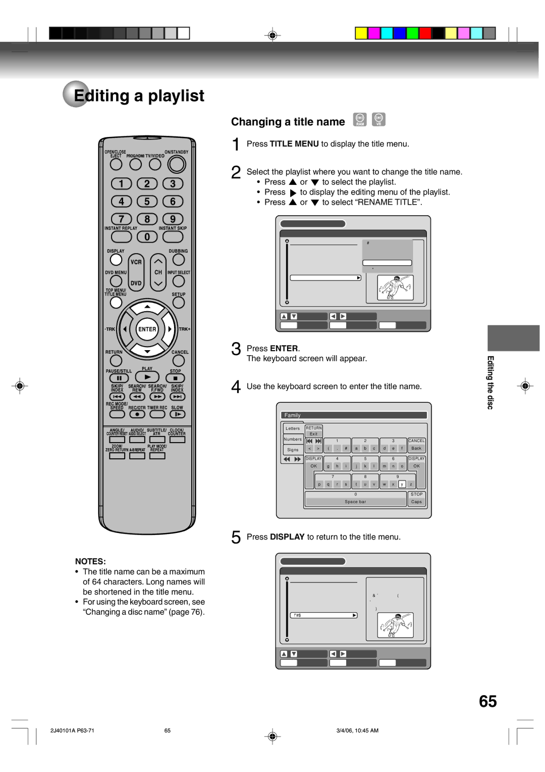 Toshiba D-VR5SU Changing a title name, Press Enter Keyboard screen will appear, Press Display to return to the title menu 