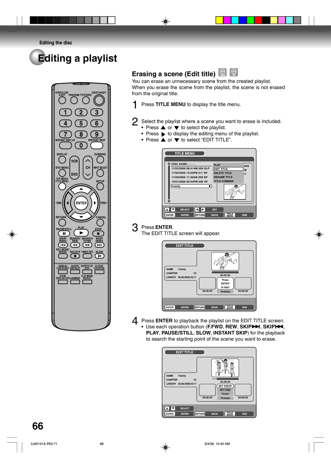 Toshiba D-VR5SU owner manual Erasing a scene Edit title, To select the playlist, Press Enter Edit Title screen will appear 