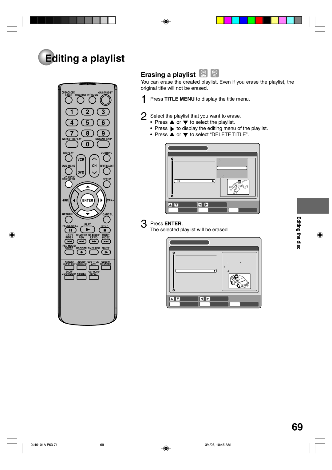 Toshiba D-VR5SU owner manual Erasing a playlist 