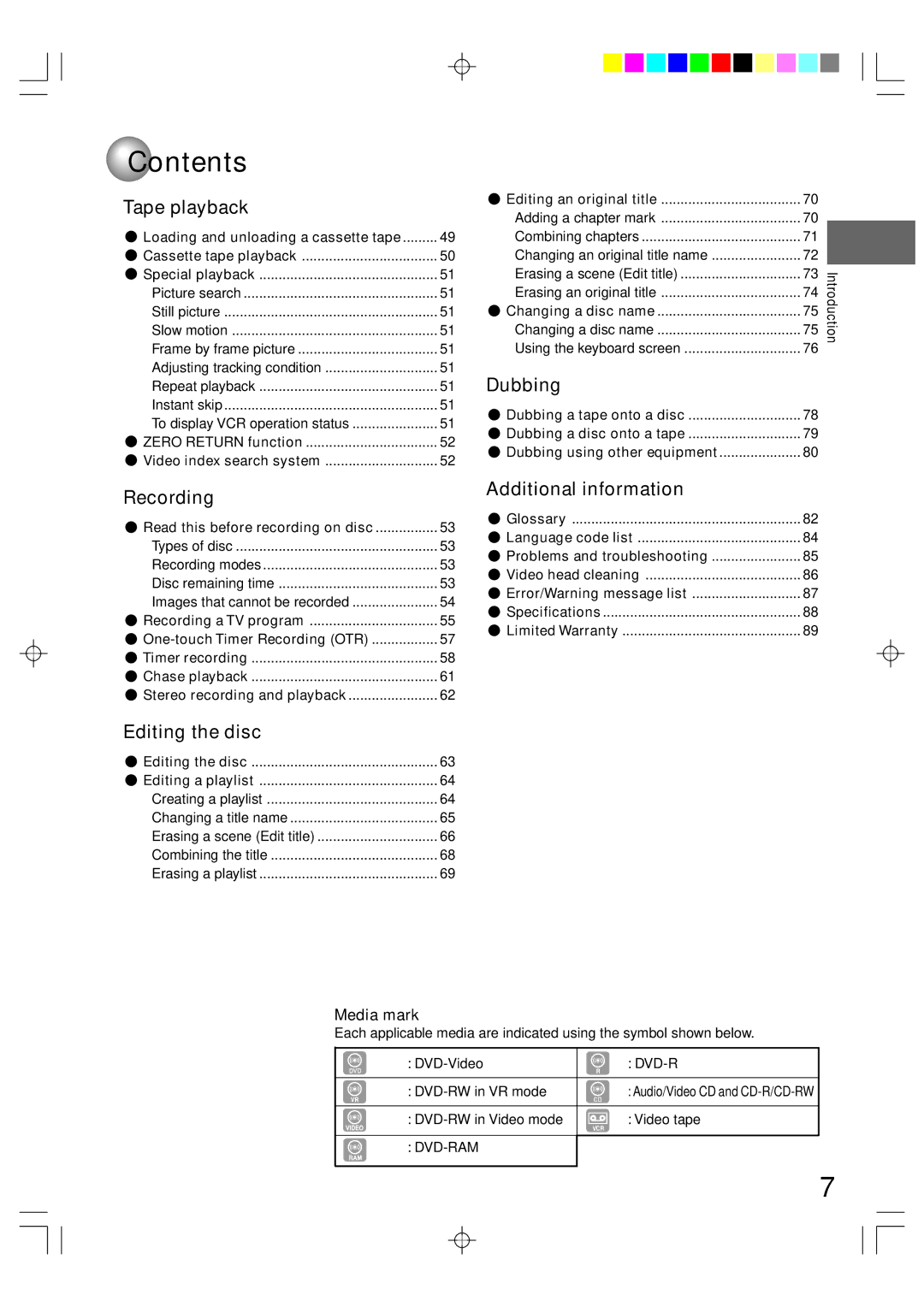 Toshiba D-VR5SU owner manual Tape playback, Recording, Editing the disc, Dubbing, Additional information 