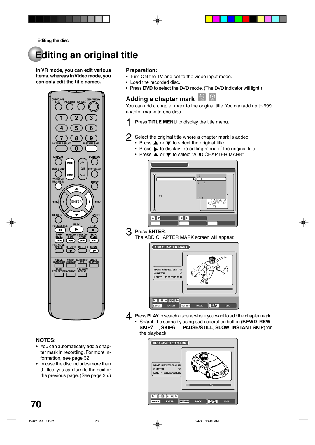 Toshiba D-VR5SU Editing an original title, Adding a chapter mark, Press Enter ADD Chapter Mark screen will appear 