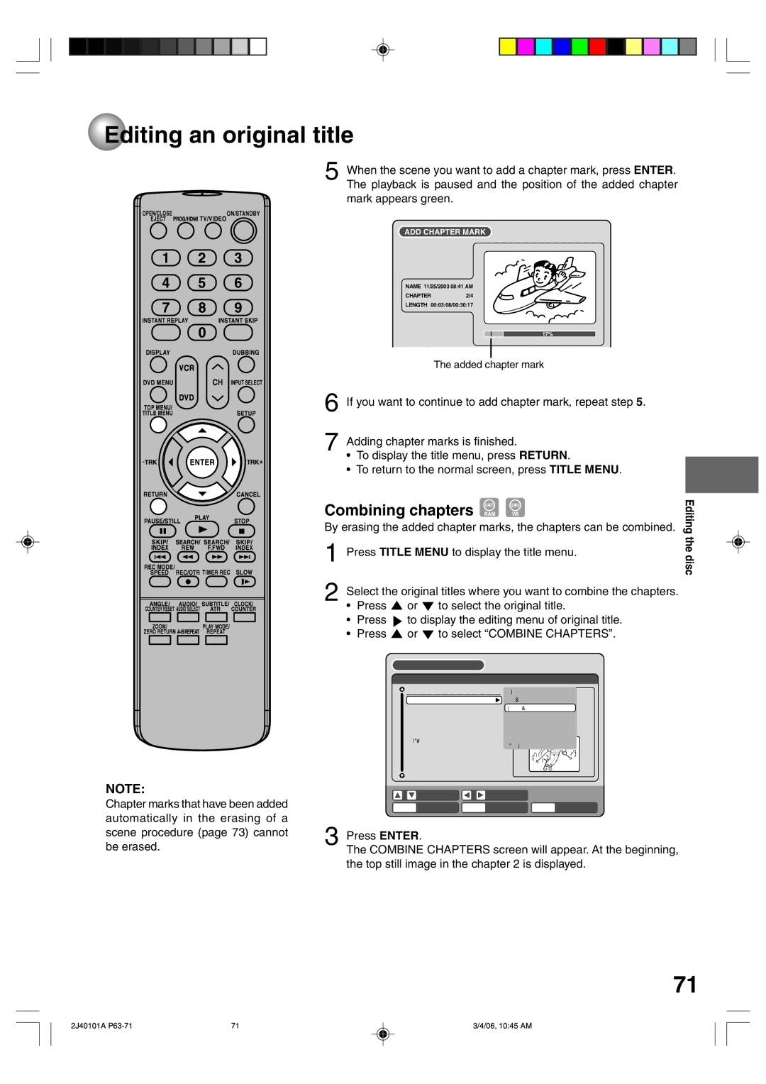 Toshiba D-VR5SU owner manual Combining chapters, Press 