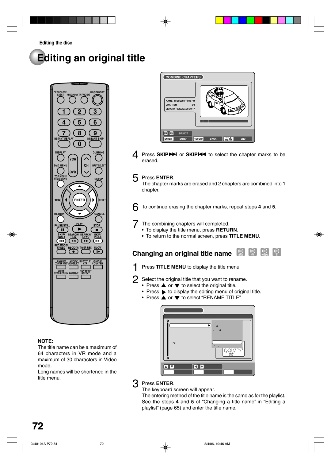 Toshiba D-VR5SU owner manual Changing an original title name 