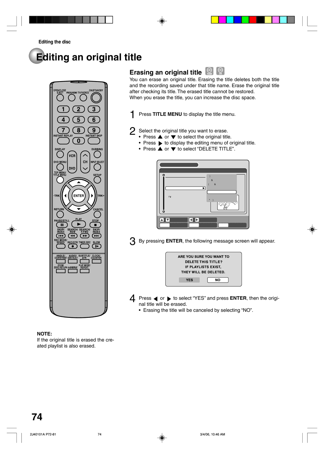 Toshiba D-VR5SU owner manual Erasing an original title, Press To select the original title 